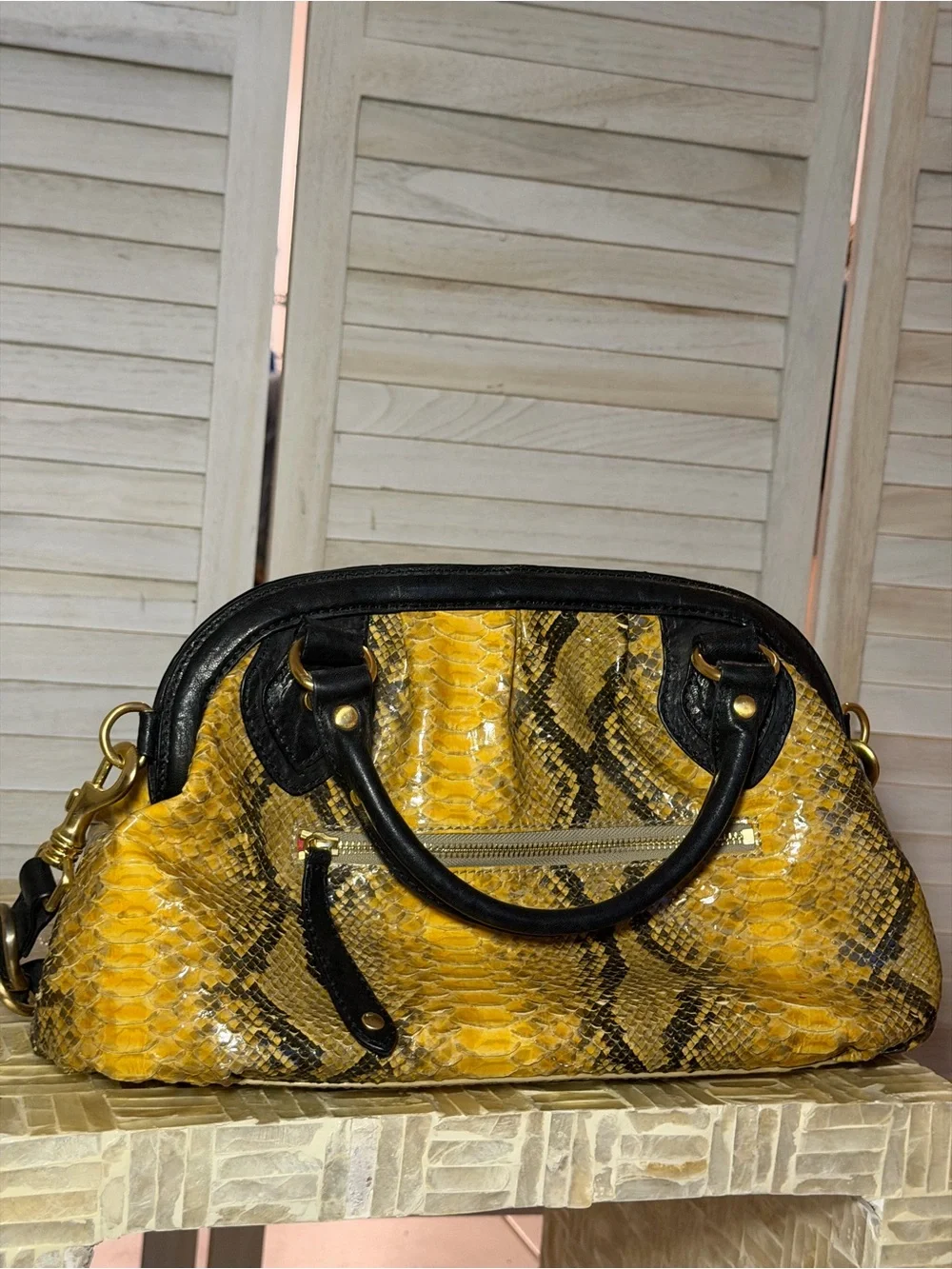 Elaine Turner Yellow Retro Snake-Print Satchel Handbag with Black Trim